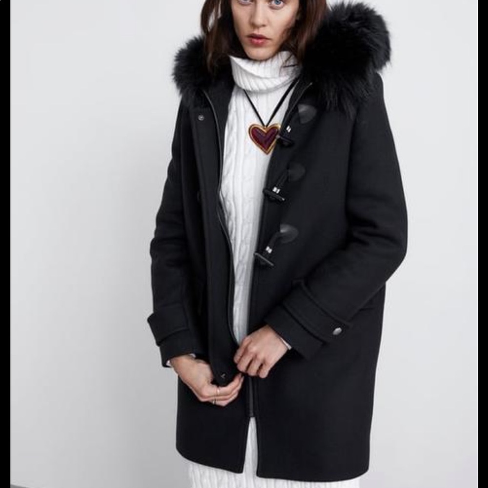 ZARA BLACK FUR HOODED DUFFEL WOOL COAT